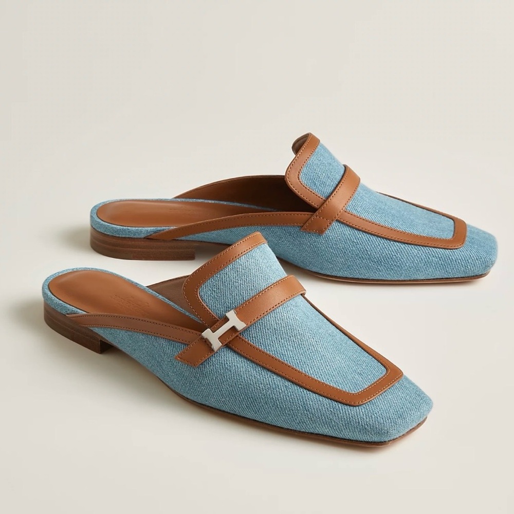 Hermès Bleu Clair/Naturel Groupie Mule